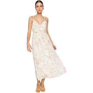 Trendyol Witte A-Lijn Jurk Met Bloemenpatroon, Ruches En Gedetailleerde Voering Van Chiffon, Geweven Maxi-Jurk Twoss23El02013