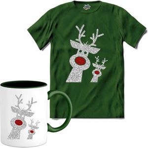 Kerst rendier buddy's glitter - T-Shirt met mok - Heren - Bottle Groen - Maat 4XL
