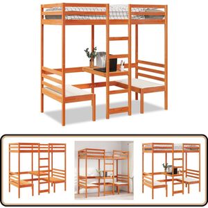 vidaXL Hoogslaper met bureau en stoelen grenenhout wasbruin 80x200cm