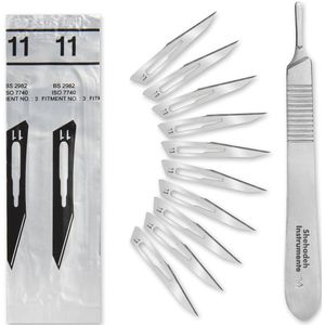 10 stuks scalpelmessen figuur 11 - reservemesjes afzonderlijk steriel verpakt + scalpelhouder van roestvrij staal