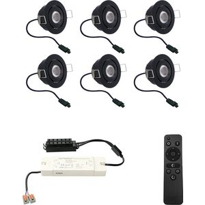 Set van 6 HOFTRONIC Sienna - LED Inbouwspot voor veranda, overkapping en badkamer - Zwart - 12 volt - Incl. afstandsbediening - Dimbaar en kantelbaar - 3 Watt 200 lumen - Zaagmaat: Ø 44 mm - extra plat 30mm - 2700K Warm wit - IP44 waterdicht