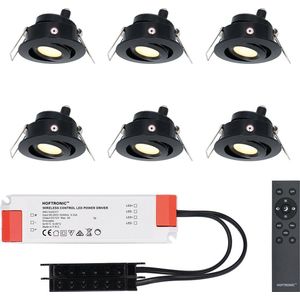 Set van 6 HOFTRONIC Sienna - LED Inbouwspot voor veranda, overkapping en badkamer - Zwart - 12 volt - Incl. afstandsbediening - Dimbaar en kantelbaar - 3 Watt 200 lumen - Zaagmaat: Ø 44 mm - extra plat 30mm - 2700K Warm wit - IP44 waterdicht