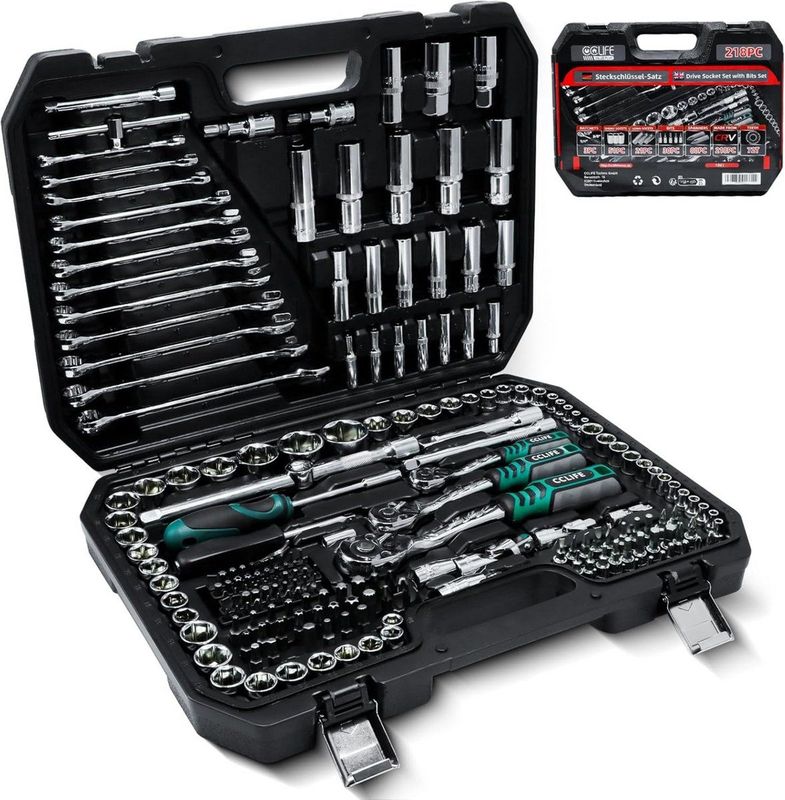 CCLIFE 218 stuks dopsleutelset Cr-V ratel koffer gereedschap koffer 72 tanden 1/2“ 1/4” 3/8” zeskant dopsleutel inzet Torx, sleuf, Phillips, Pozidrive bit set dopsleutel inzetstukken