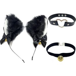 1 stks zwarte kat oren hoofdband met 2 stks nekband, kat cosplay accessoires met bellen, halloween jurk accessoires voor meisjes vrouwen, party cosplay.