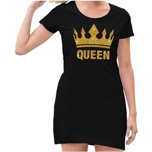 Zwart  jurkje met goud glitter Queen en kroon - jurkje dames - Zwart Koningsdag kleding L