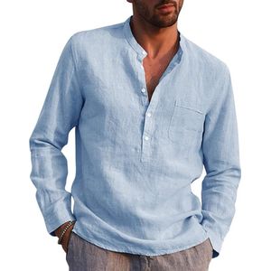 AUDATE Heren Katoen Linnen Shirt Herfst Winter Heren Overhemd Lange Mouwen Regular Fit Casual Shirt Hemelsblauw XXL