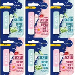 Nivea Caring Lip Scrub Aloe Vera & Rosehip met Vitamin E Lippenbalsem - Verzorgende Exfoliatie voor Zachte en Gezonde Lippen - Lipscrub Lipbalsem - 6 x 5.5 ml