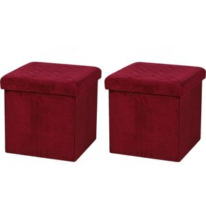 Urban Living Poef/hocker - 2x - opbergbox zit krukje - velvet rood - polyester/mdf - 38 x 38 cm - opvouwbaar