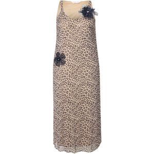 MIAMODA - Dames - Maxi-jurk van mesh A-lijn luipaard 3D-bloemen - Champagnebeige - Maat 44