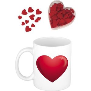 Valentijnsdag cadeau set koffie mok/beker Love hartje met deco strooi hartjes - Hartjes/liefde thema