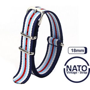 18mm Nato Strap Rood Wit Blauw streep - Vintage James Bond - Nato Strap collectie - Mannen - Horlogebanden - Martini kleurstelling - 18 mm bandbreedte voor oa. Seiko Rolex Omega Casio en Citizen