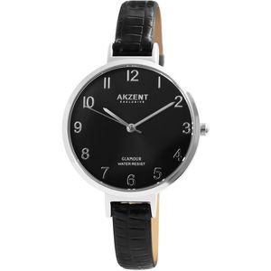 Akzent-Dames horloge-Analoog-Rond-36MM-Zilverkleurig-Zwart lederen band.