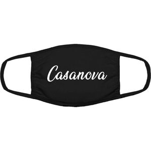 Casanova | sier | tekst | mondkapje | gezichtsmasker | bescherming | bedrukt | logo | Zwart mondmasker van katoen, uitwasbaar & herbruikbaar. Geschikt voor OV