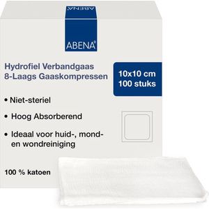 Abena Gaaskompres - 100 Stuks - Hydrofiel Verbandgaas - 8-Laags Gaaskompressen - 100% Katoen - 10 cm x 10 cm