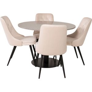 RazziaGR eethoek eetkamertafel terazzo grijs en 4 Velvet Deluxe eetkamerstal velours beige, zwart.