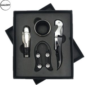 Wijnopener set - 4 Delig - RVS - Wijn accessoires - Luxe Giftbox - Zwart
