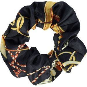 Haarsoires Haarelastiek Scrunchie – Kettingprint – Gladde Stof – Zwart - Haarkrinkel - Haar Elastiek met Stof - Zacht & Haarvriendelijk