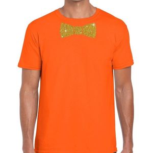Oranje fun t-shirt met vlinderdas in glitter goud heren M