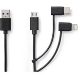 Nedis 3-in-1-Kabel - USB 2.0 - USB-A Male - Apple Lightning 8-Pins / USB Micro-B Male / USB-C Male - 480 Mbps - 1.00 m - Vernikkeld - Rond - PVC - Zwart - Polybag