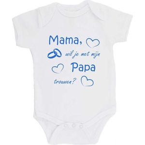 100% katoenen Romper bedrukt met grappige tekst Kado Cadeau Huwelijksaanzoek Aanzoek Huwelijk ""Mama wil je met mijn papa trouwen"" 2.0 Jongens Katoen Wit/blauw Maat 56/62