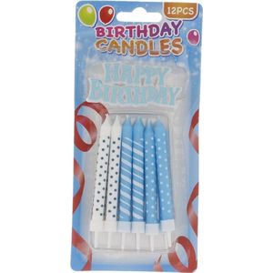 Verjaardagskaarsjes 12 x |  Happy Birthday Candles | Happy Birthday Taart| Taart Kaarsjes jongen | Blauwe Kaarsjes  - 12 Stuks Blauw Wit