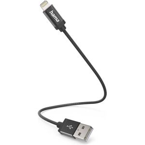 Hama USB-A naar Lightning Kabel - Oplaadkabel geschikt voor iPhone / iPad - MFI gecertificeerd - Nylon materiaal - 2,4A USB2.0 - 480Mbps - 20cm - Zwart