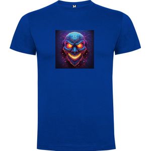 Kobalt Blauw T-Shirt met “ Kleurrijke Halloween Spooky Face in Paarse tinten “ Print Full Color Maat S