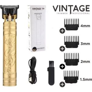 Vintage T9 Tondeuse - Draadloze T-Blade Tondeuse Mannen - USB - Inclusief oplader - Trimmer - Haarsnijmachine - Baardhaar trimmer - Goud - Hoofdhaar trimmer - Mannen - Fade - 4 Maten - Clips - Inclusief handleiding