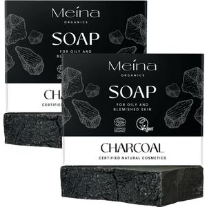 Meina Organics Zwarte Zeep met Houtskool – Duo Pack 2x100g – Tegen Puistjes – Voor Vette & Onzuivere Huid – Vegan, Handgemaakt & Palmolievrij