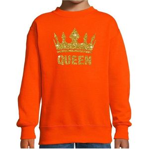 Oranje Koningsdag gouden glitter Queen sweater / trui kinderen - Oranje Koningsdag kleding met gouden print 118/128 (7-8 jaar)