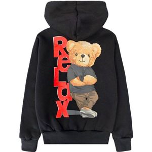 Kinder vest met beer - Jongens & Meisjes - Hoodie – Maat 98/104 – Zwart - 65% Katoen - Capuchon - Bear - beren - Sweatvest - Relax - Chill