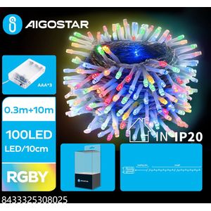 Aigostar - LED Kerstslinger - 100 LEDS - 2700K - RGB lampjes - 10 meter - IP44 - 3x AAA batterij