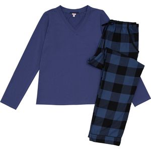 La-V pyjamaset voor dames met geruite flanel broek en V hals top - Jeans blauw S