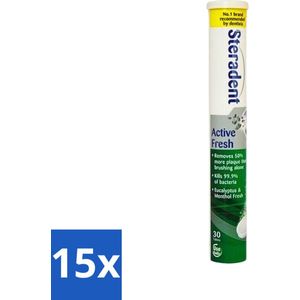 15 x Steradent - Reinigingstabletten - Active Fresh - Voor Kunstgebitten - 30 Tabletten - Bacteriën Doden - Kunstgebit Hygiëne