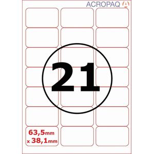 Stickervellen A4 - Etiketten, 100 vellen, 21 per vel, 63 x 38 mm - Adresetiketten, Etiketten stickers - ACROPAQ
