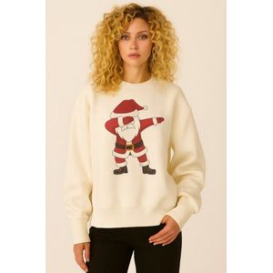 La Booty Kersttrui Dames- Oversized- Zachte Sweatstof Off White- Dabbing Santa Print- maat L/ XL