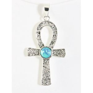 Bewerkte zilveren ankh hanger met blauwe opaal