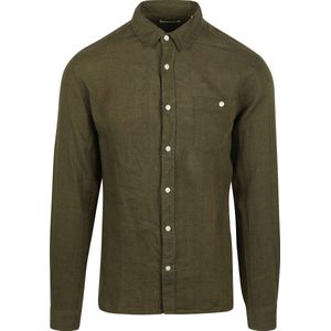 KnowledgeCotton Apparel Overhemd Linnen Olijfgroen - Maat M - Heren - Overhemden Casual