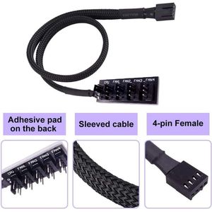 ThreeBulls PWM ventilator hub met 4-pins en 3-pins fan splitter, zwart nylon gevlochten kabel, 1 naar 5 weg voor eenvoudige en georganiseerde koeling