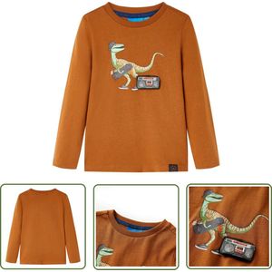 vidaXL Langmouwig Hemd - Kinderhemd - Kindershirt met lange mouwen 116 cognackleurig - Jongenshemd - Meisjeshemd - Dino Print