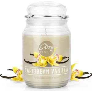Cozy Lights Grote geurkaars, Caribbean Vanilla, 625 ml, tot 140 uur brandduur, grote geurkaarsen in glas, met deksel, kaars vanille, herfst en Kerstmis