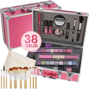 Roze Make Up Koffer Meisjes Met Inhoud 38-Delig - Inclusief 10-Delige Kwasten Set & Reis Etui - Cosmetica Set Kinderen – Roze Beautycase Meisjes