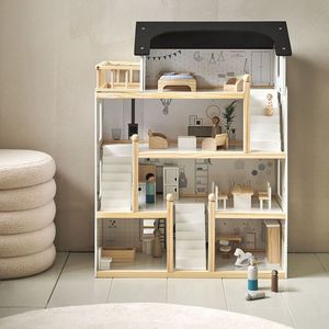 Petite Amélie - Houten Poppenhuis - Zwart, Grijs en Wit - H.80 cm - Incl. 19 Meubels