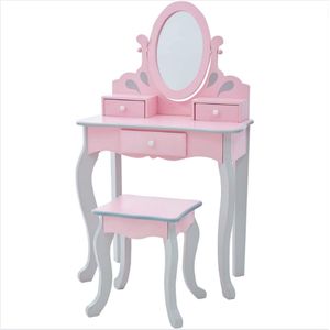 Kinder Kaptafel Met Kruk - Make Up Tafel Kind met Uitschuifbare Lade - Schminktafel Set met Driedelig Spiegelpaneel - Roze