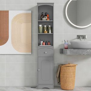 Sweiko badkamermeubel, badkamermeubel met één lade, verstelbare planken, open vak, 34 x 24 x 170 cm, lichtgrijs