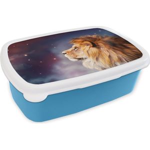 Broodtrommel Blauw - Lunchbox - Brooddoos - Leeuwen - Sterrenhemel - Kleuren - 18x12x6 cm - Kinderen - Jongen