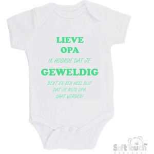 100% katoenen Romper ""Lieve opa ik hoorde dat je geweldig bent en ben heel blij dat je mijn opa gaat worden!"" Unisex Katoen Wit/mint Maat 56/62