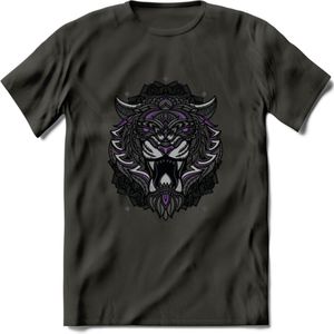 Tijger - Dieren Mandala T-Shirt | Paars | Grappig Verjaardag Zentangle Dierenkop Cadeau Shirt | Dames - Heren - Unisex | Wildlife Tshirt Kleding Kado | - Donker Grijs - S