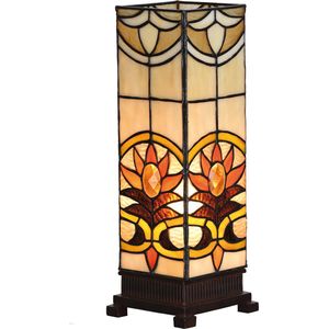 HAES DECO - Tiffany Tafellamp 12x12x35 cm Beige Bruin Glas Vierkant Tiffany Bureaulamp Tiffany Lampen Glas in Lood