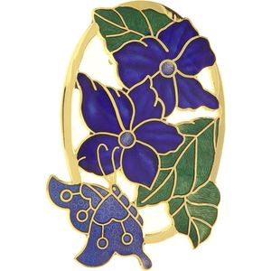 Behave®  Broche vlinder op bloemen blauw - emaille sierspeld -  sjaalspeld